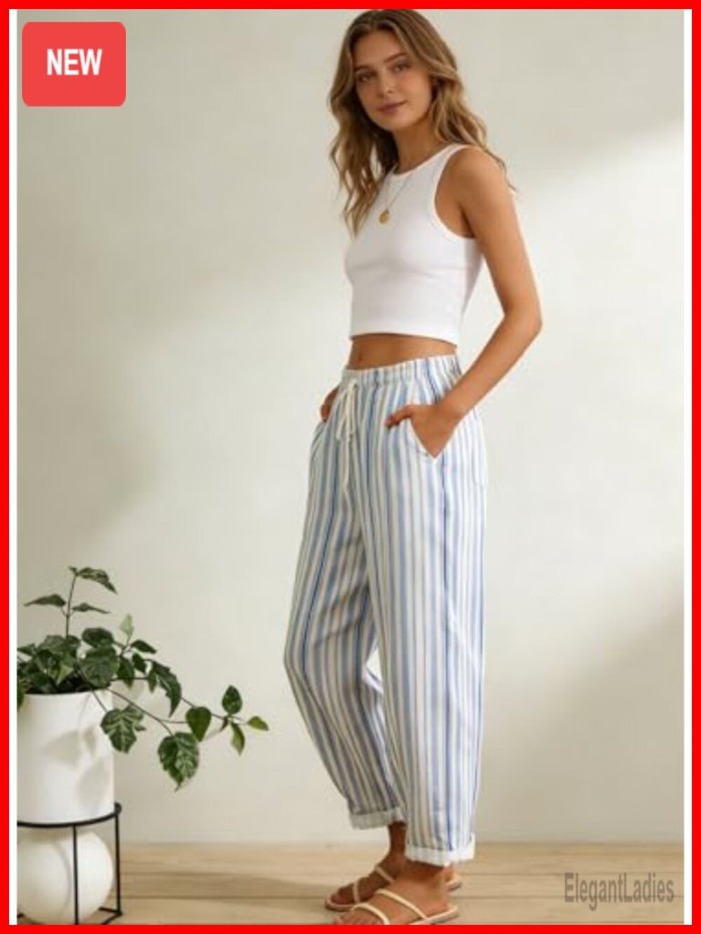 Linen Blend Palazzo Harem Pants with Pockets Drawstring Casual Trousers - Picture 2 of 5